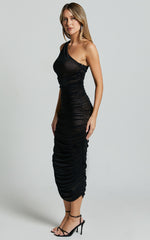 Lunette Midi Dress - One Shoulder Ruched Mesh Dress in Black