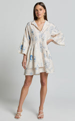 Charlene Mini Linen Dress - V Neck 3/4 Sleeve Shift Mini Dress in Blue Print