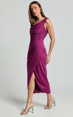Aidia Midi Dress - One Shoulder Draped Corset Dress in Plum