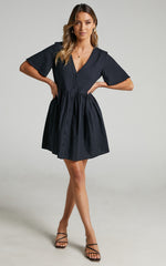 Staycation Mini Dress - Smock Button Up Dress in Black