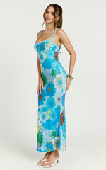 Shelia Midi Dress - Floral Printed Sweetheart Midi Dress in Blue Floral