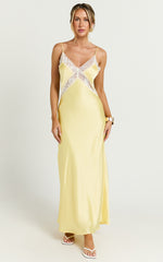 Christy Midi Dress - V Neck Lace Detail Slip Dress in Lemon