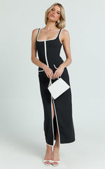 Xyra Midi Dress - Square Neck Contrast Bind Fitted Dress in Black