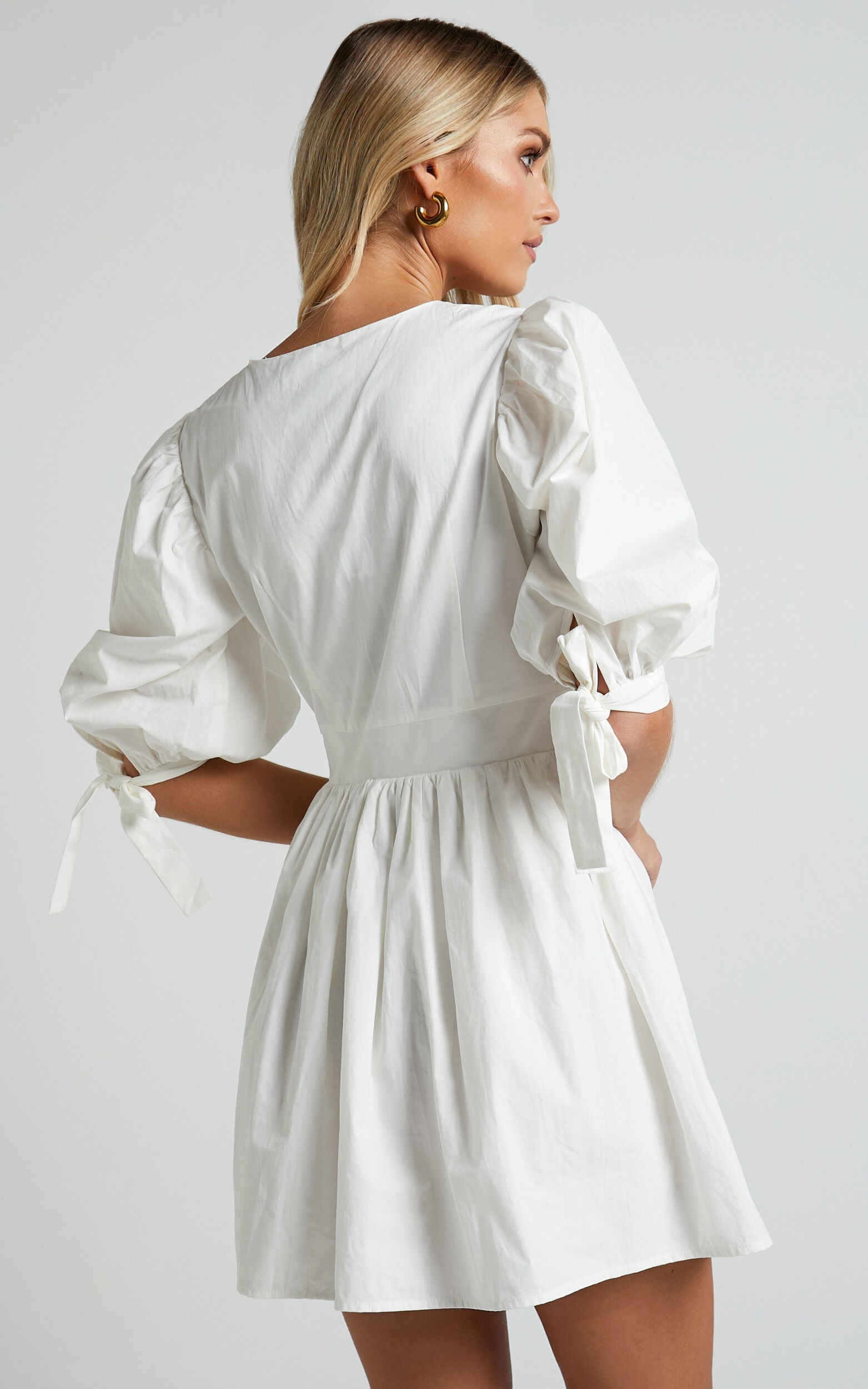 Zandra Mini Dress - Puff Sleeve Poplin Dress in White