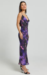 Susie Midi Dress - Recycled Strappy Cowl Slip Dress in Violet Night Print