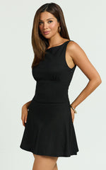 Attica Mini Dress - Straight Neck Fit And Flare Dress in Black