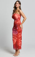 Yazmin Midi Dress - Strapless Ruched Mesh Slip Dress in Pink Blur Print