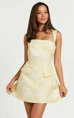 Kyra Mini Dress - Square Neck Open Back Jacquard Mini Dress in Lemon