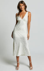 Cohen Midi Dress - Jacquard Satin Midi Dress in Cream