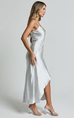 Ylona Maxi Dress - Asymmetric Draped Bias Cut Satin Slip Dress in Oyster