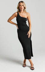 Alexa Midi Dress - Knitted One Shoulder Thigh Split Dress in Black
