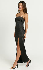 Alexa Midi Dress - Satin Square Neck Slip Dress in Black