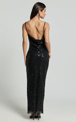 Sally Maxi Dress - Cowl Neck Backless Sequin Mesh Dress in Black