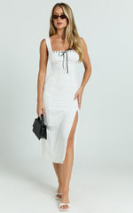 Archie Midi Dress - Ruched Bust Fitted Straight Broiderie Dress in White