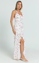 Justine Maxi Dress - Jacquard V Neck Tiered Lace Trim Dress in Romantic Ditsy Print
