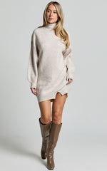 Tianna Mini Dress - Knitted Side Split Jumper Dress in Beige Marl