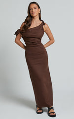 Cincinnati Midi Dress - Off The Shoulder Side Split Column Linen Dress in Chocolate