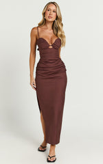 Nicoletta Midi Dress - Sweetheart Back Tie Gathered Dress in Chocolate