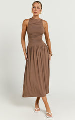 Anciel Midi Dress - Ruched Drop Waist Dress in Chocolate