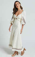 Isadora Midi Linen Dress - Cut Out Long Sleeve Contrast Embroidery Dress in Natural