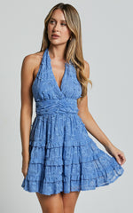 Frankie Mini Dress - Halter Neck Tiered Dress in Cornflower Blue
