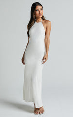 Cyrena Maxi Dress - Linen Halter Neck Sleeveless Slip Dress in Off White