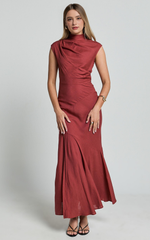 Elegant Linen Maxi Dress - High Neck Thigh Slit Slip Dress in Rust