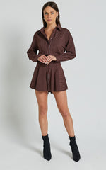 Whitney Mini Dress - Linen Long Sleeve Shirt Dress in Chocolate Pinstripe