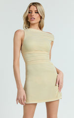 Rheiya Mini Dress - Ruched Side Off Shoulder Mesh Dress in Butter