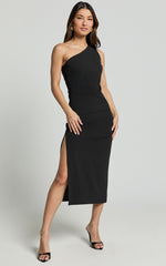 Monette Midi Dress - One Shoulder Straight Dress in Black