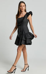 Valerie Mini Dress - One Shoulder Ruffle Detail A Line Dress in Black