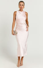 Aluna Midi Dress - High Neck Cross Back Satin Slip Dress in Soft Pink