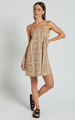 Elia Mini Linen Dress - Straight Neck Sleeveless Slip Dress in Tan/White