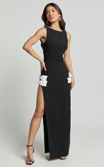 Bernice Maxi Dress - Low Back Side Split Bow Detail Dress in Black