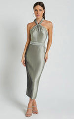 Marlette Midi Dress - Pleated Open Back Halter Dress in Sage