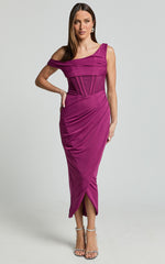 Aidia Midi Dress - One Shoulder Draped Corset Dress in Plum