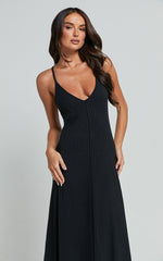 Jacky Maxi Dress - Strappy Plunge Cross Back Tie A Line Dress in Black