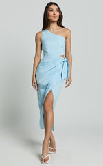 Rina Midi Dress - One Shoulder Side Cut Out Wrap Dress in Blue