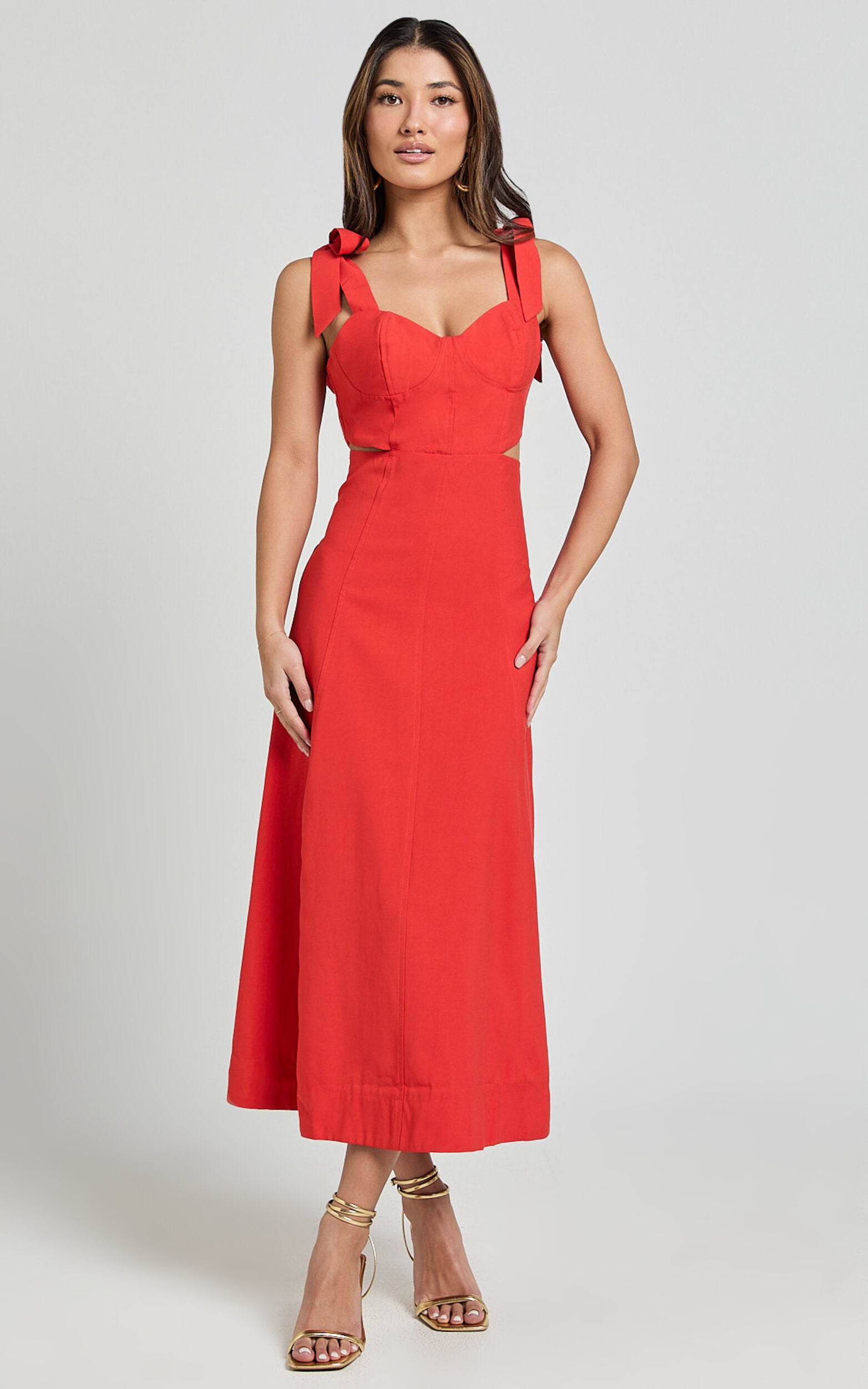 Giana Midi Dress - Shoulder Tie Cut Out Thigh Split Dress in Red