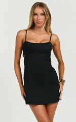 Lillith Mini Linen Dress - Scoop Neck Tie Back Dress in Black