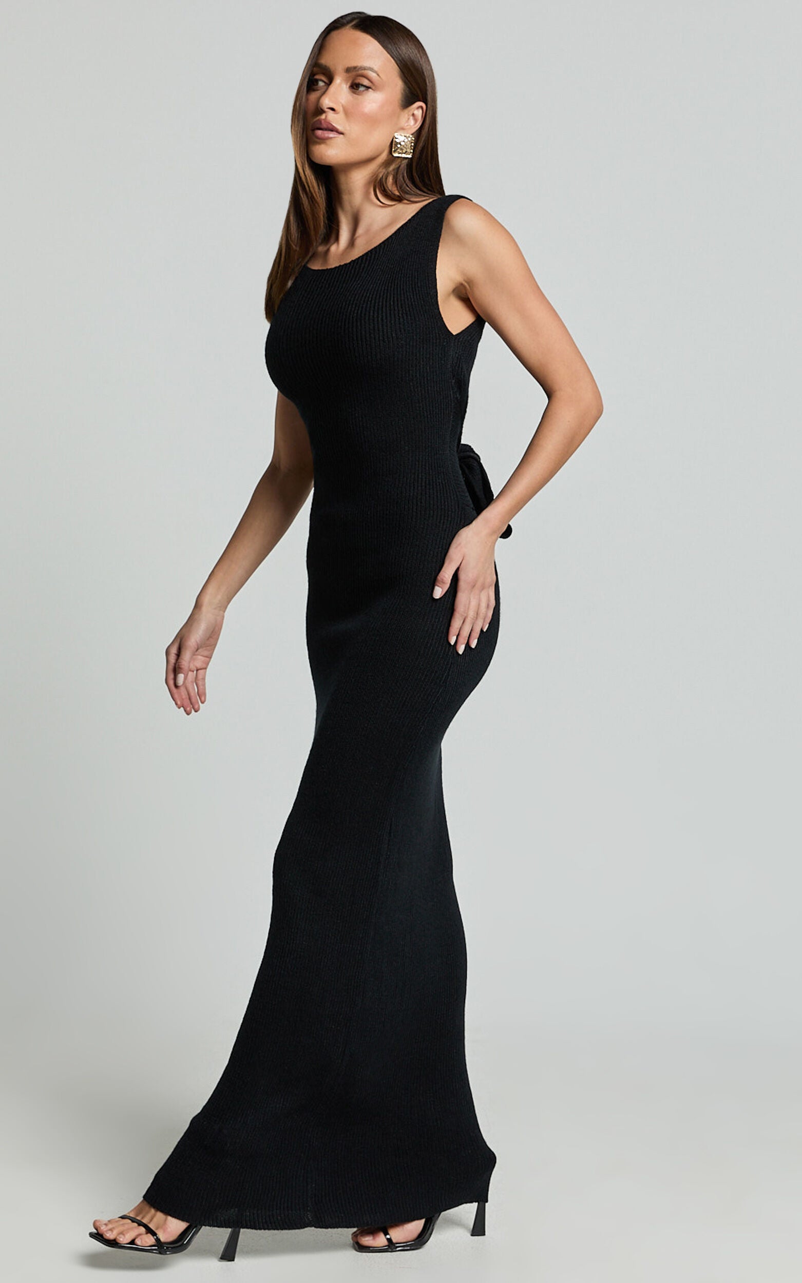 Sanya Midi Dress - Bodycon Knitted Tie Back Dress in Black
