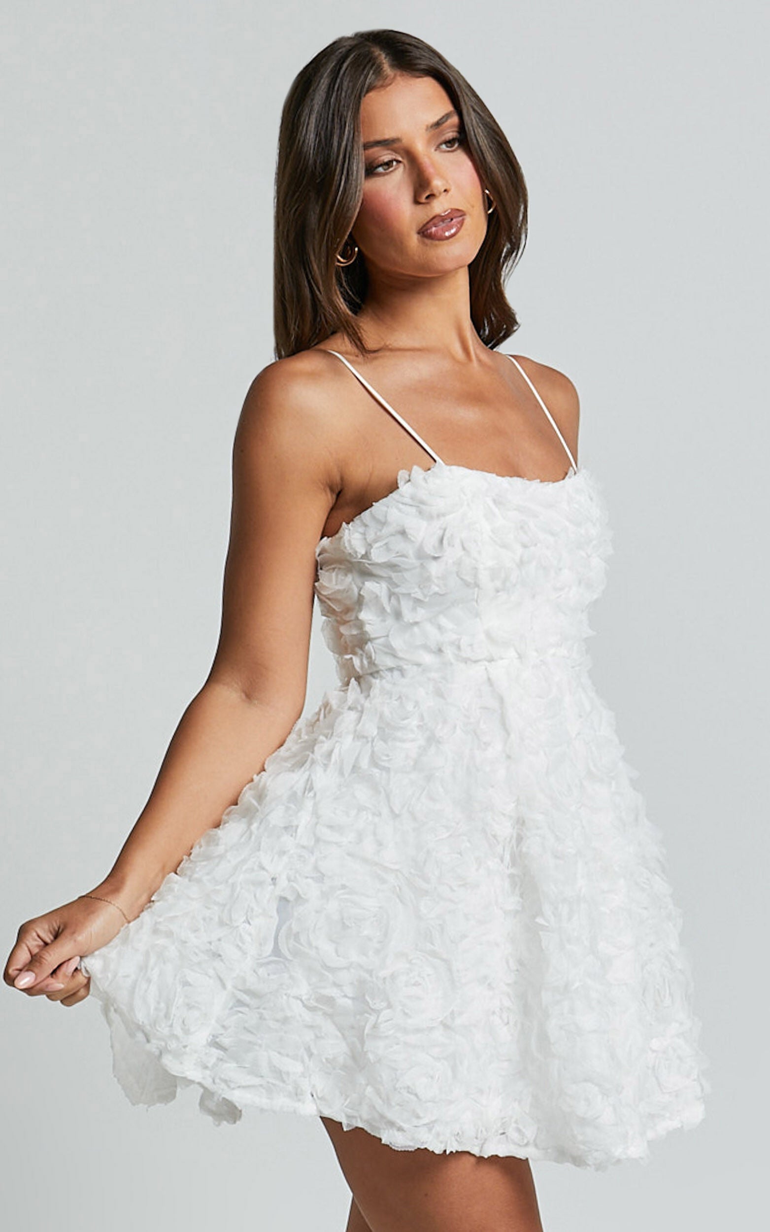 Alvia Mini Dress - 3d Flower Full Skirt Dress in White