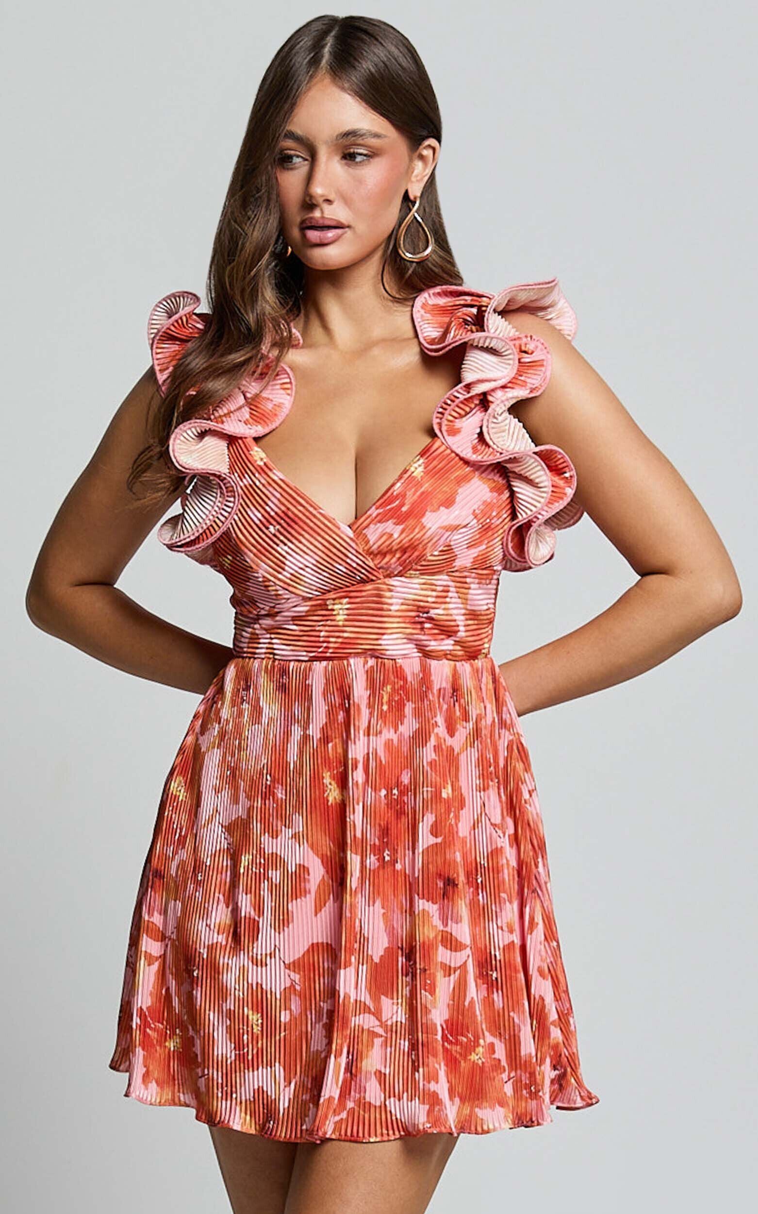 Carol Mini Dress - Pleated Fabric With Ruffle Trims Dress in Orange Floral Print