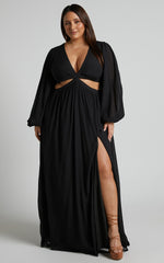 Paige Maxi Dress - Side Cut Out Balloon Sleeve Dress in Black