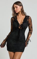 Presley Mini Dress - Lace Ruffle Plunge Tie Detail Dress in Black