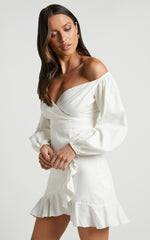 Cant Move On Off Shoulder Mini Linen Dress in White Linen Look