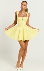 Indi Mini Dress - Square Neckline Lace Up Back Dress in Lemon