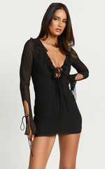 Alesya Mini Dress - Ruffle Plunge Neck Long Sleeve Tie Detail Dress in Black