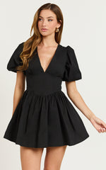 Nelli Mini Dress - Short Puff Sleeve Shirred Back Dress in Black