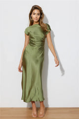 Faithful Nights Satin Midi Dress Olive